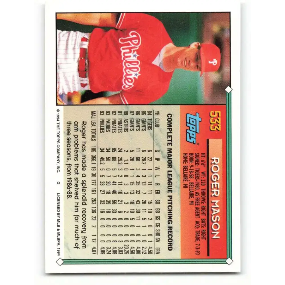 1994 Topps #533 Roger Mason EX Excellent Philadelphia Phillies Baseball Card - Baseball Card Single