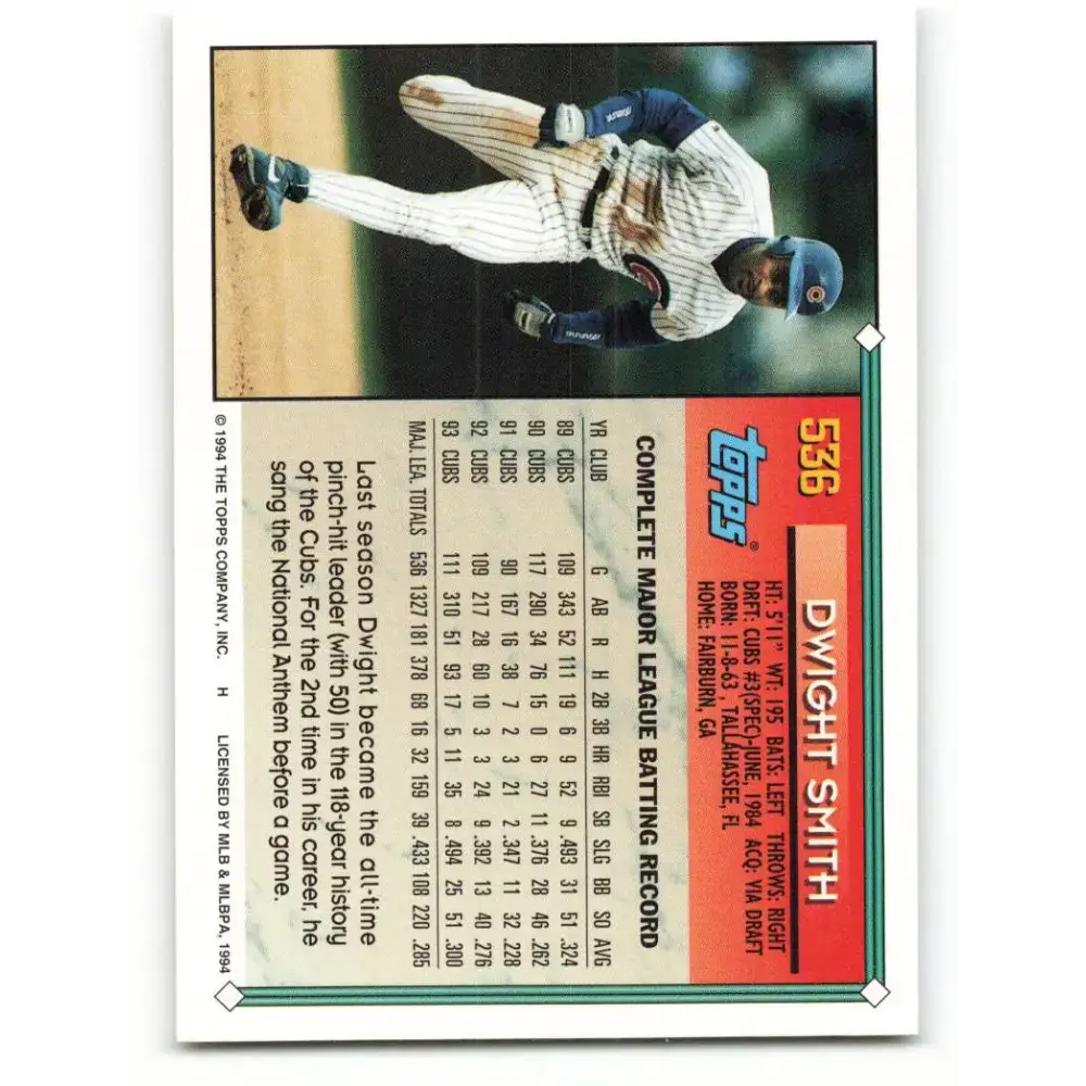 1994 Topps #536 Dwight Smith EX Excellent Chicago Cubs Baseball Card - Baseball Card Single