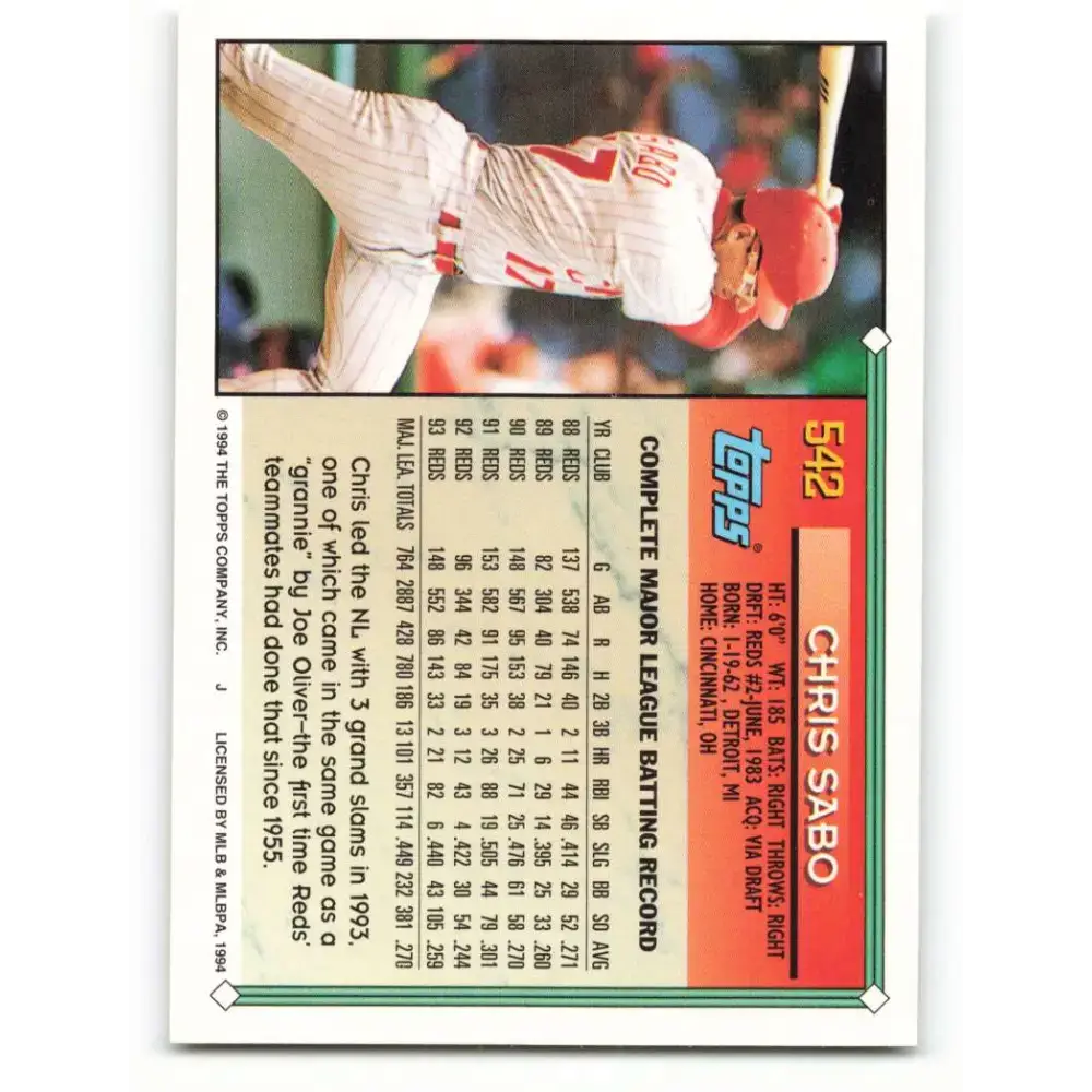 1994 Topps #542 Chris Sabo EX Excellent Cincinnati Reds Baseball Card - Baseball Card Single