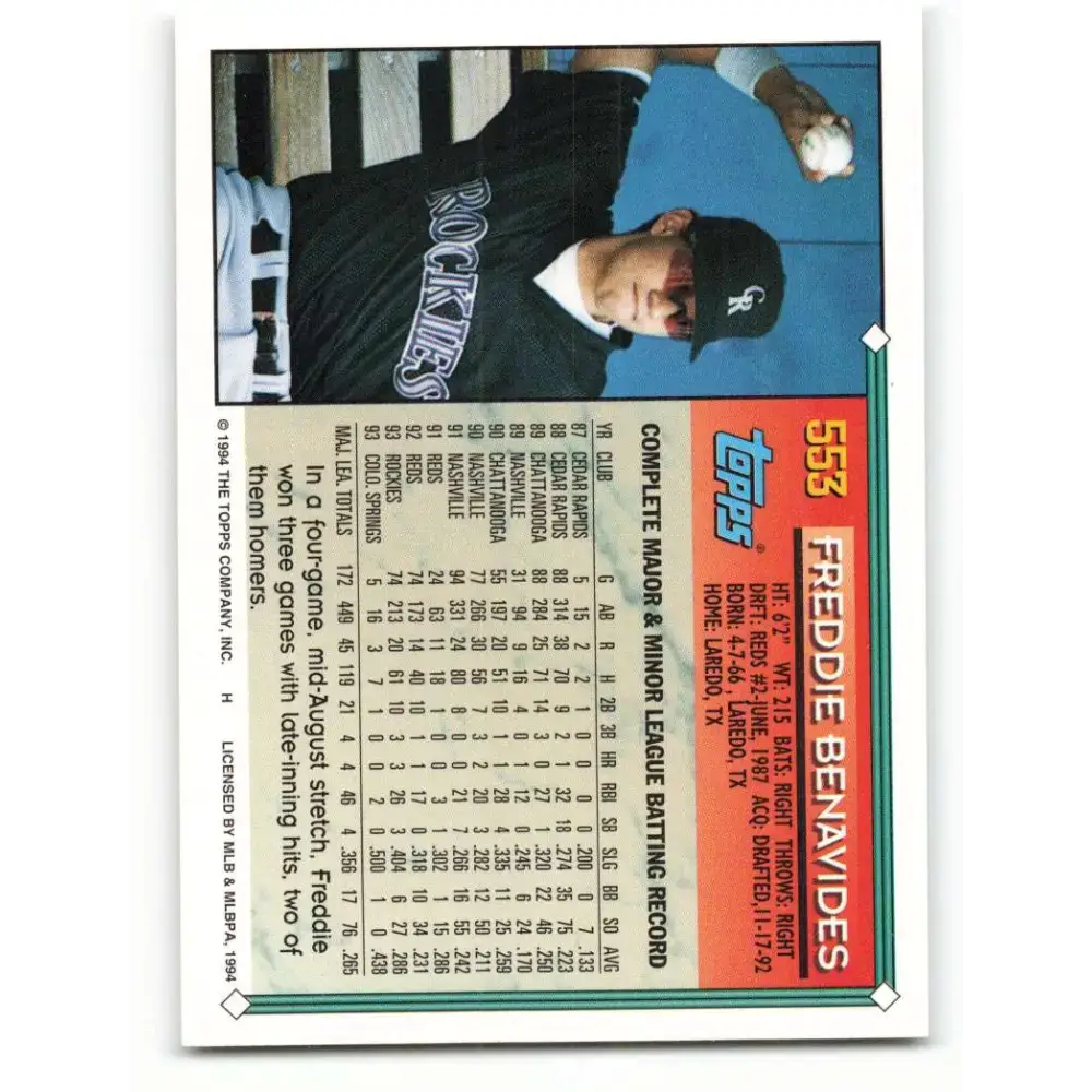 1994 Topps #553 Freddie Benavides EX Excellent Colorado Rockies Baseball Card - Baseball Card Single