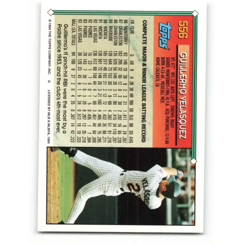 1994 Topps #556 Guillermo Velasquez EX Excellent San Diego Padres Baseball Card - Baseball Card Single
