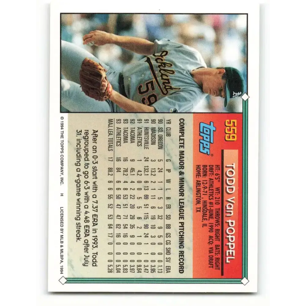 1994 Topps #559 Todd Van Poppel EX Excellent Oakland Athletics Baseball Card - Baseball Card Single