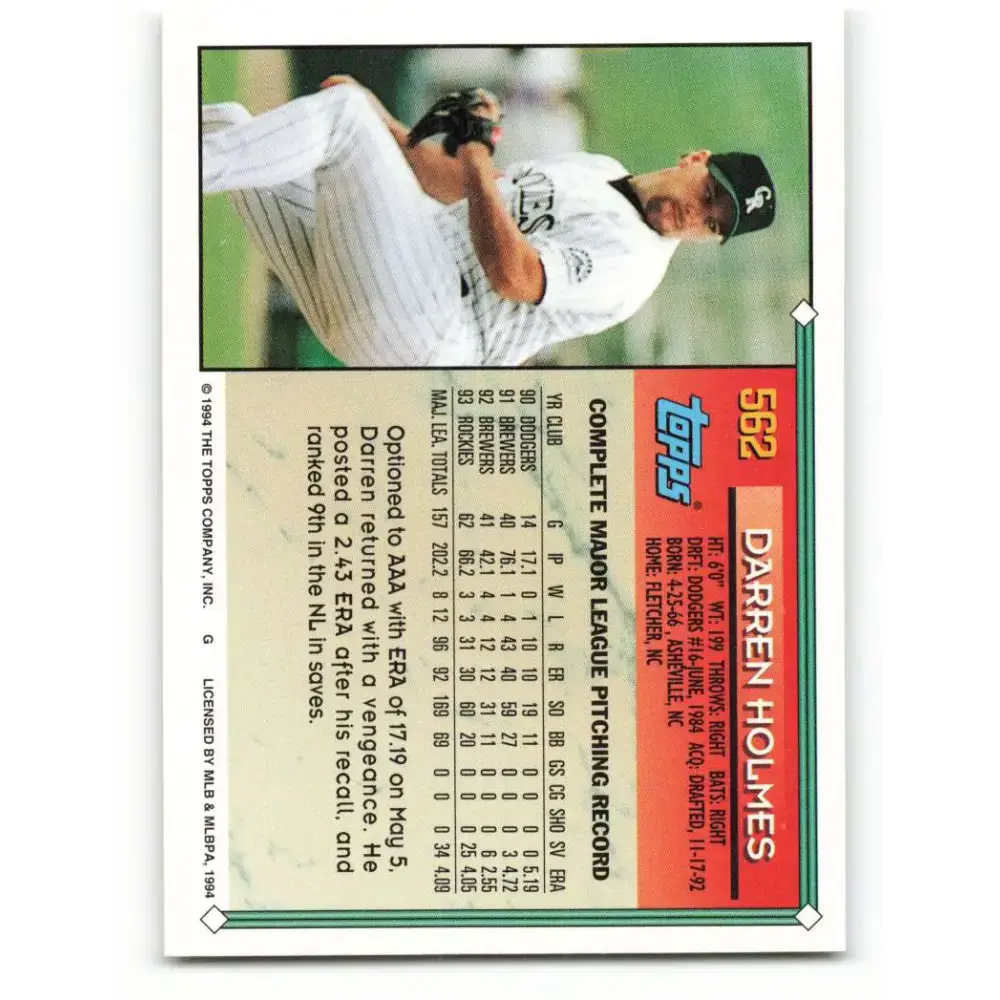1994 Topps #562 Darren Holmes EX Excellent Colorado Rockies Baseball Card - Baseball Card Single