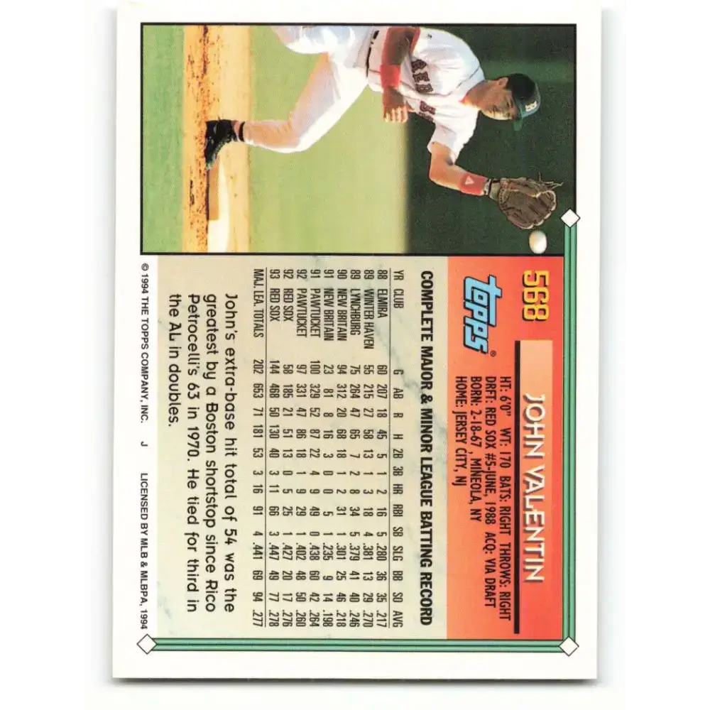 1994 Topps #568 John Valentin EX Excellent Boston Red Sox Baseball Card - Baseball Card Single