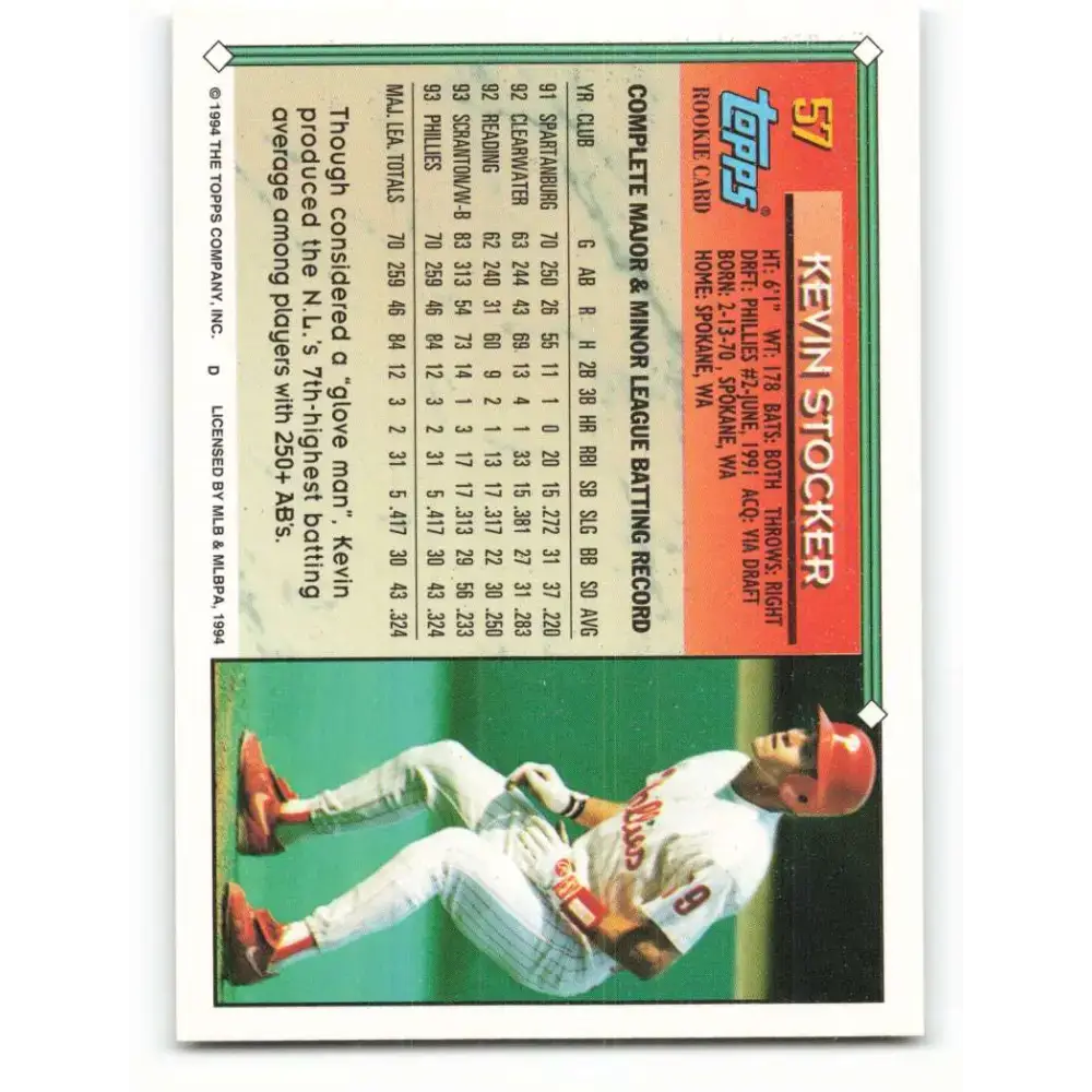 1994 Topps #57 Kevin Stocker EX Excellent Philadelphia Phillies Baseball Card - Baseball Card Single