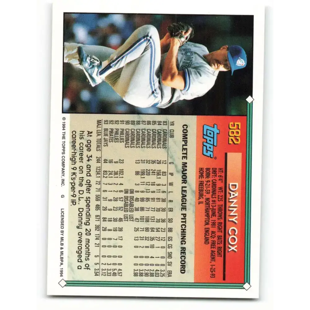 1994 Topps #582 Danny Cox EX Excellent Toronto Blue Jays Baseball Card - Baseball Card Single