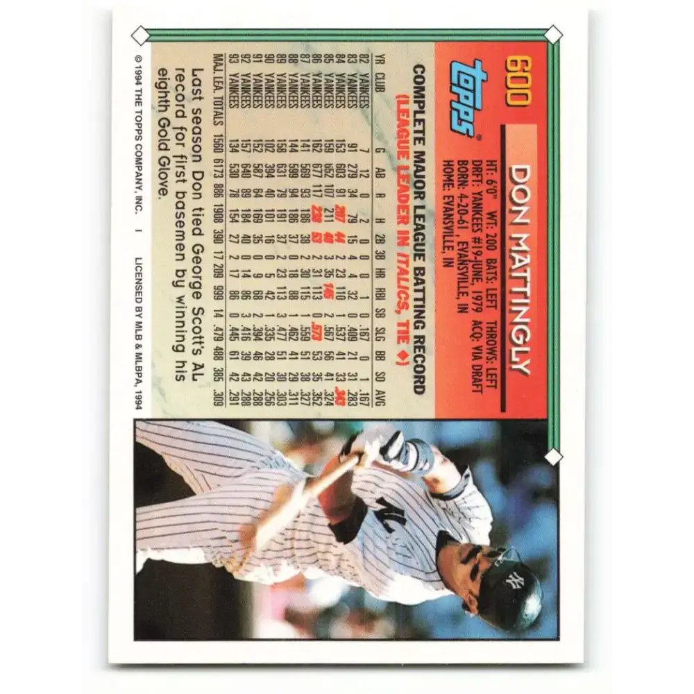 1994 Topps #600 Don Mattingly EX Excellent New York Yankees Baseball Card - Baseball Card Single