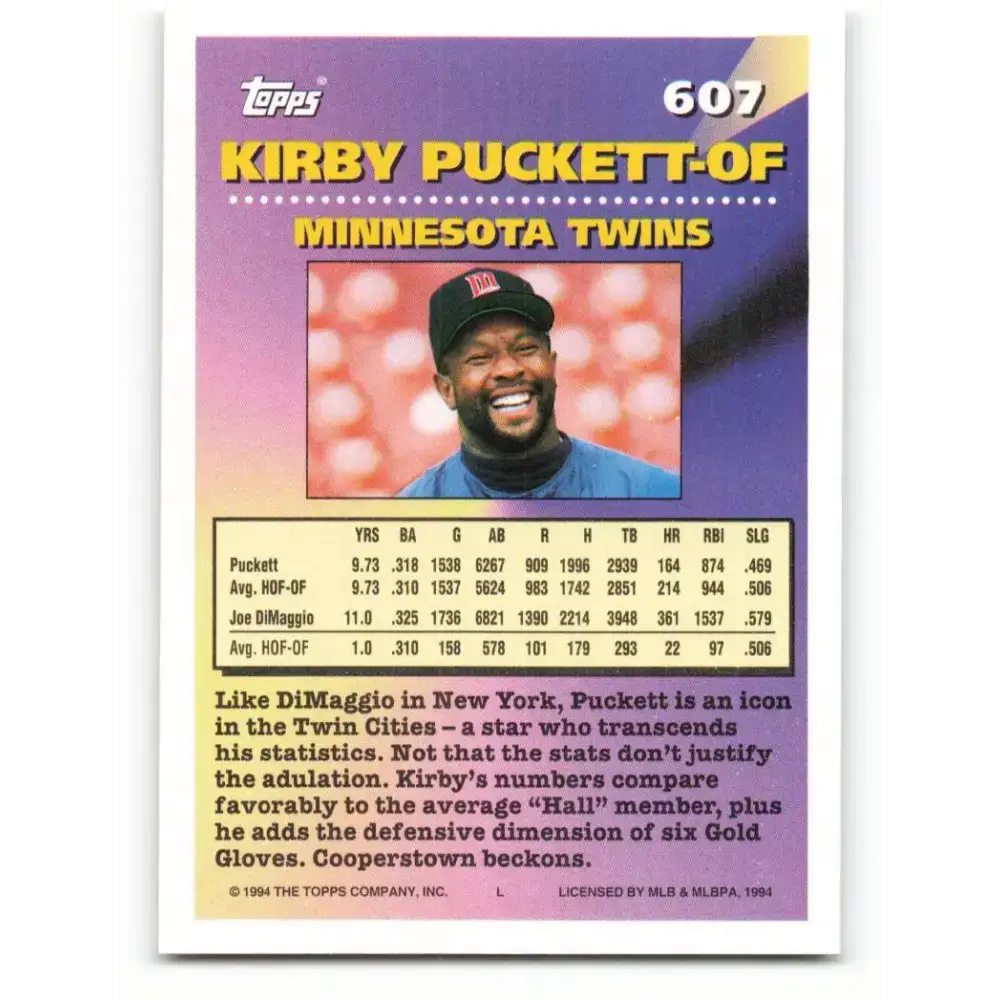 1994 Topps #607 Kirby Puckett EX Excellent Minnesota Twins Baseball Card - Baseball Card Single