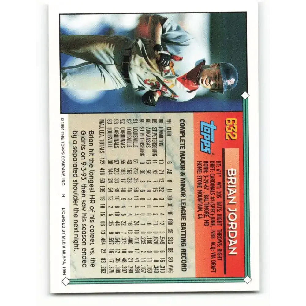 1994 Topps #632 Brian Jordan EX Excellent St. Louis Cardinals Baseball Card - Baseball Card Single