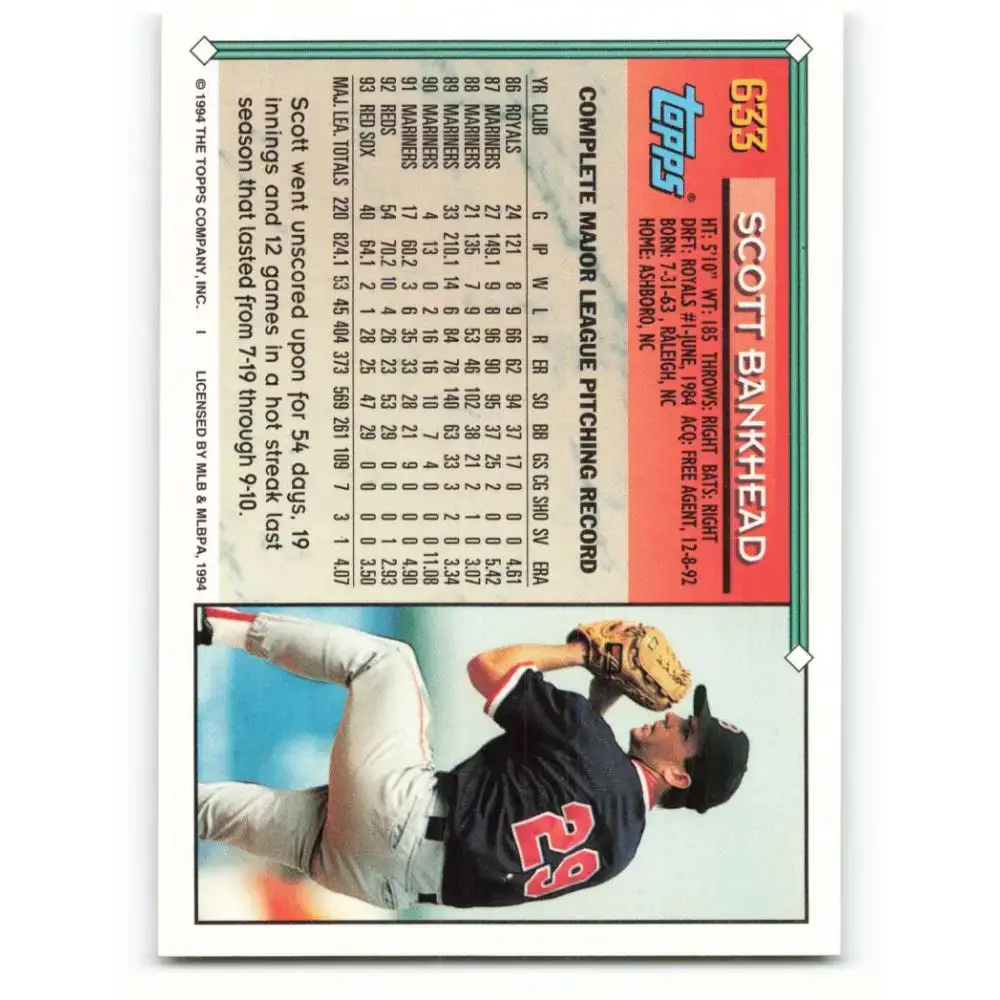 1994 Topps #633 Scott Bankhead EX Excellent Boston Red Sox Baseball Card - Baseball Card Single