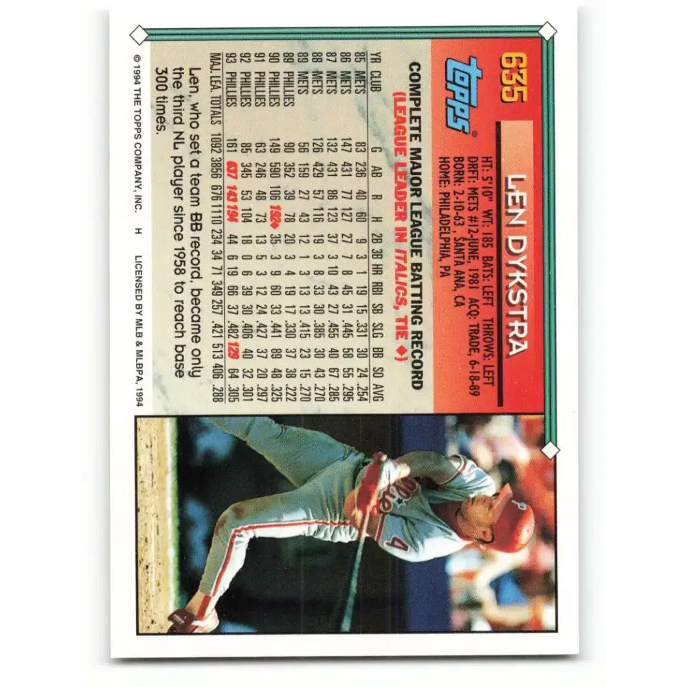1994 Topps #635 Lenny Dykstra EX Excellent Philadelphia Phillies Baseball Card - Baseball Card Single