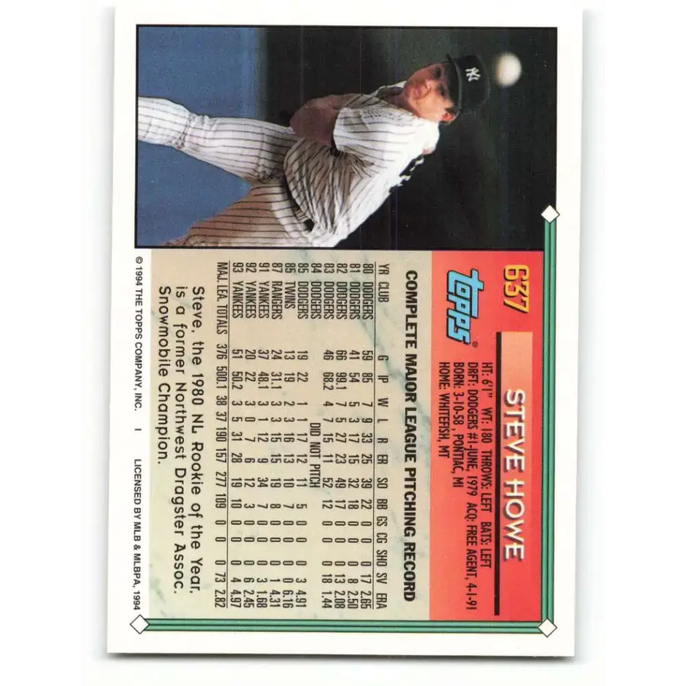 1994 Topps #637 Steve Howe EX Excellent New York Yankees Baseball Card - Baseball Card Single