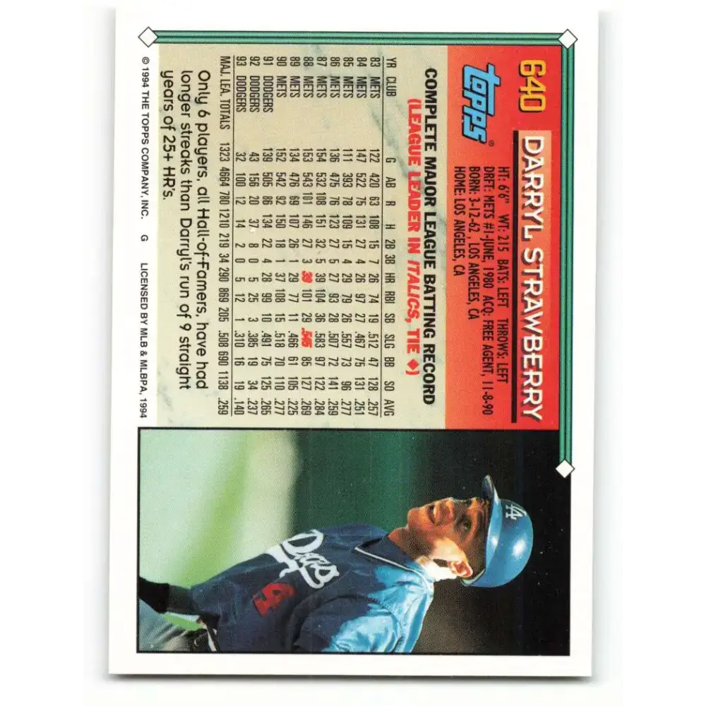 1994 Topps #640 Darryl Strawberry EX Excellent Los Angeles Dodgers Baseball Card - Baseball Card Single