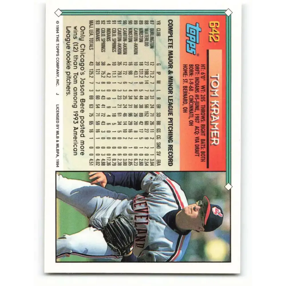 1994 Topps #642 Tom Kramer EX Excellent Cleveland Indians Baseball Card - Baseball Card Single