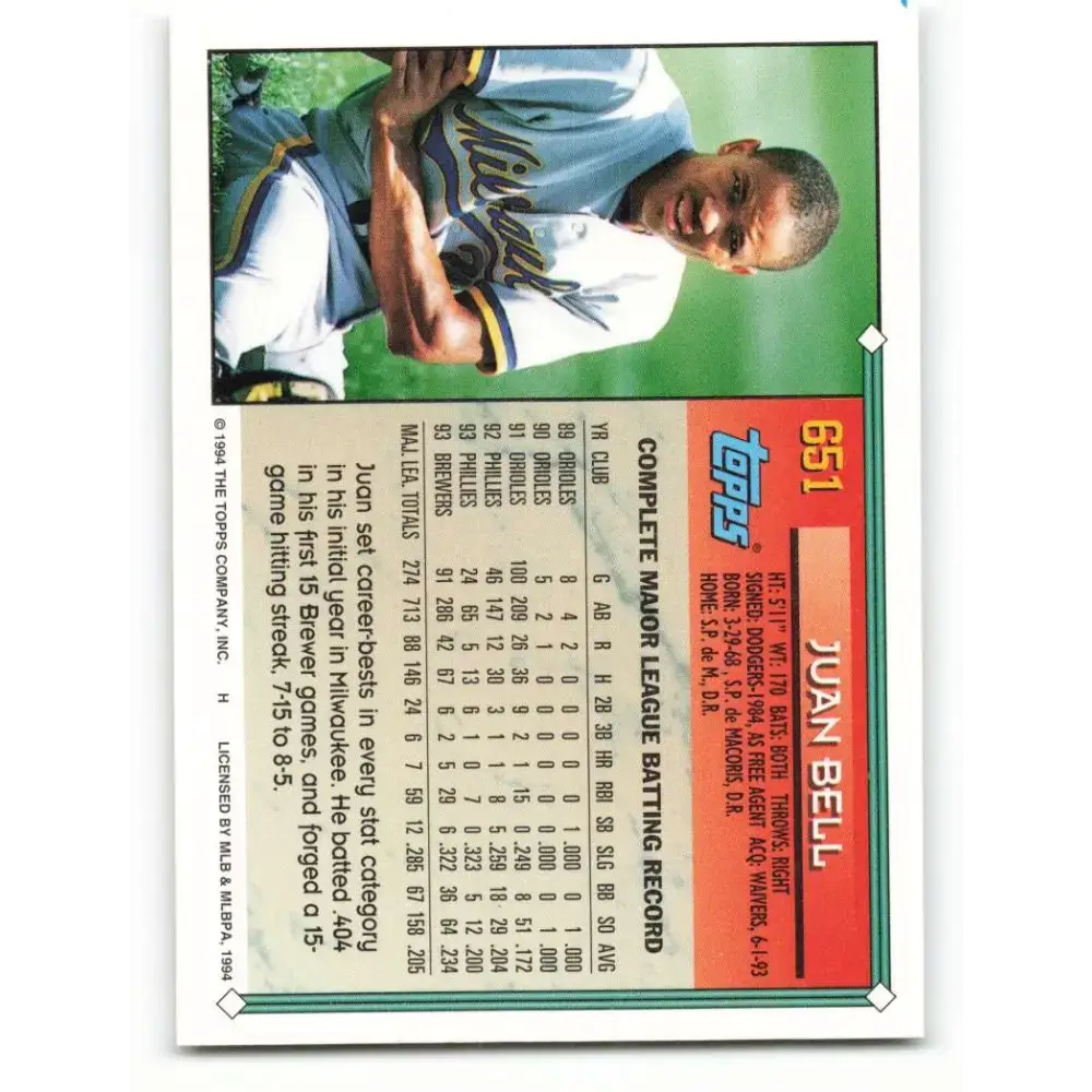 1994 Topps #651 Juan Bell EX Excellent Milwaukee Brewers Baseball Card - Baseball Card Single
