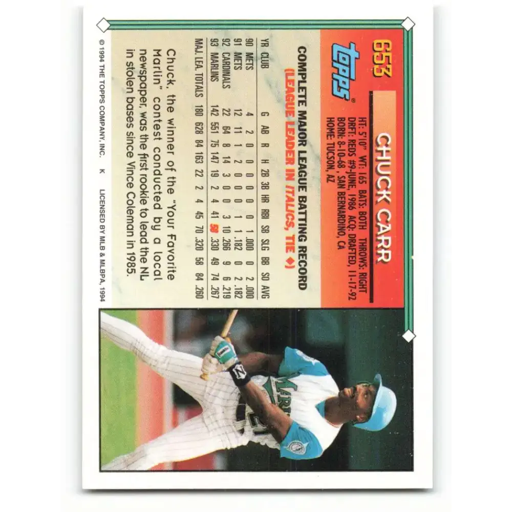 1994 Topps #653 Chuck Carr EX Excellent Florida Marlins Baseball Card - Baseball Card Single