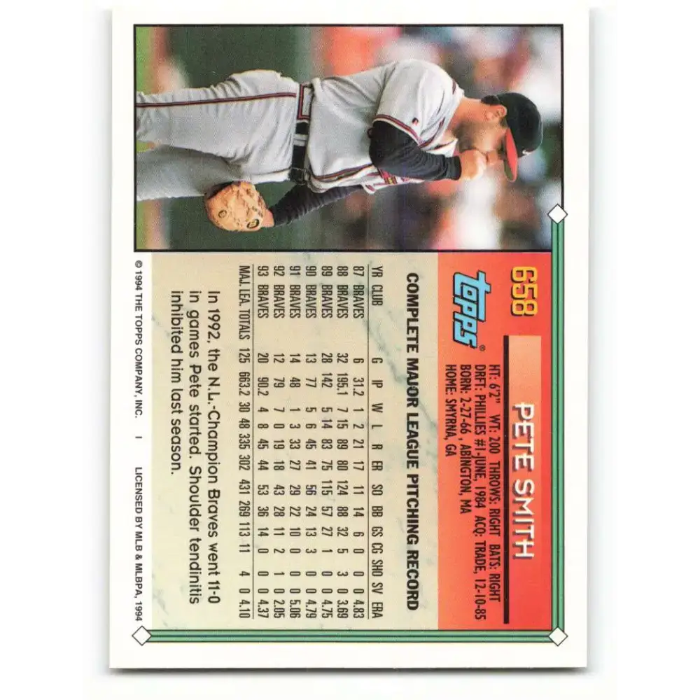 1994 Topps #658 Pete Smith EX Excellent Atlanta Braves Baseball Card - Baseball Card Single
