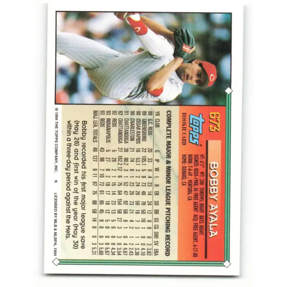 1994 Topps #673 Bobby Ayala EX Excellent Cincinnati Reds Baseball Card - Baseball Card Single