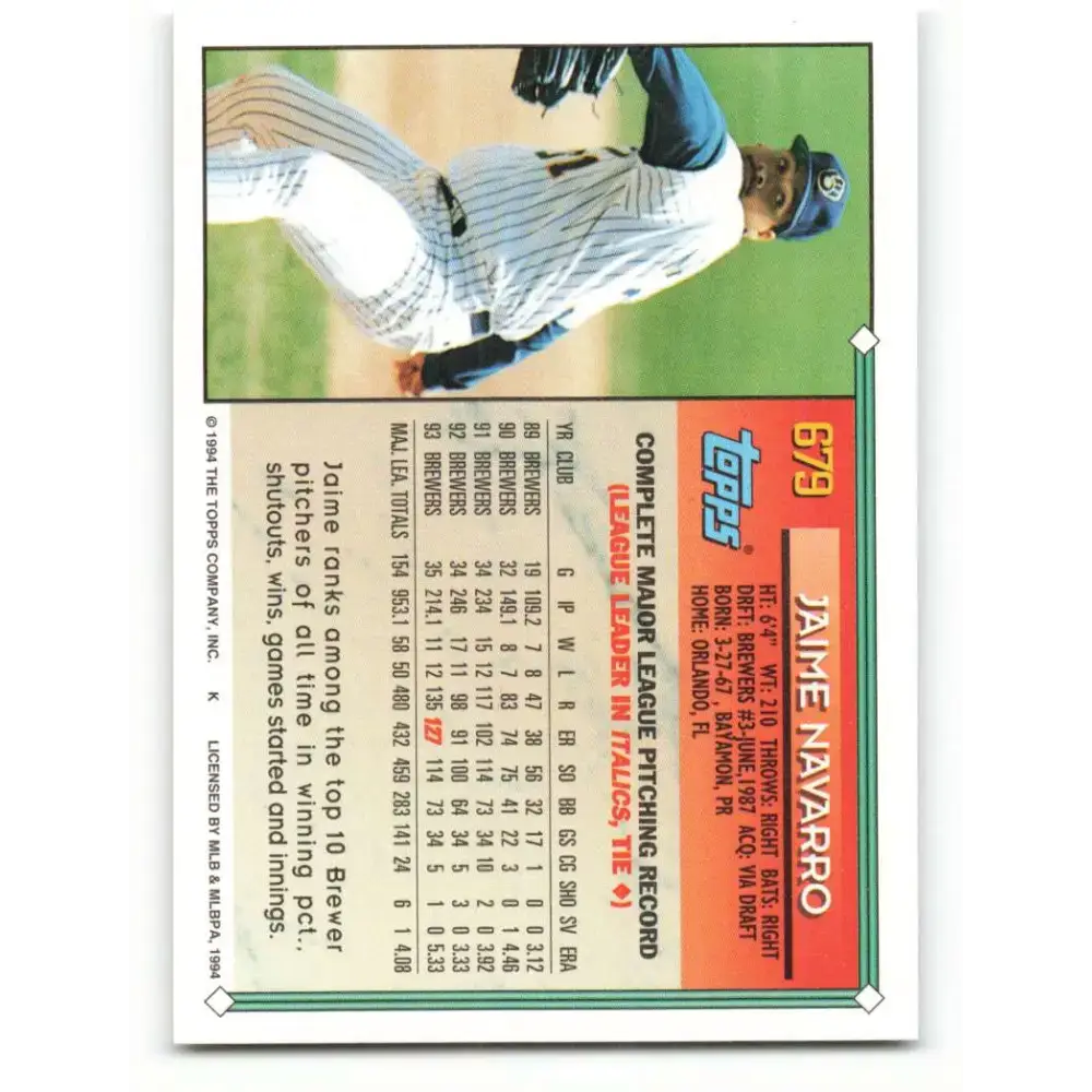 1994 Topps #679 Jaime Navarro EX Excellent Milwaukee Brewers Baseball Card - Baseball Card Single