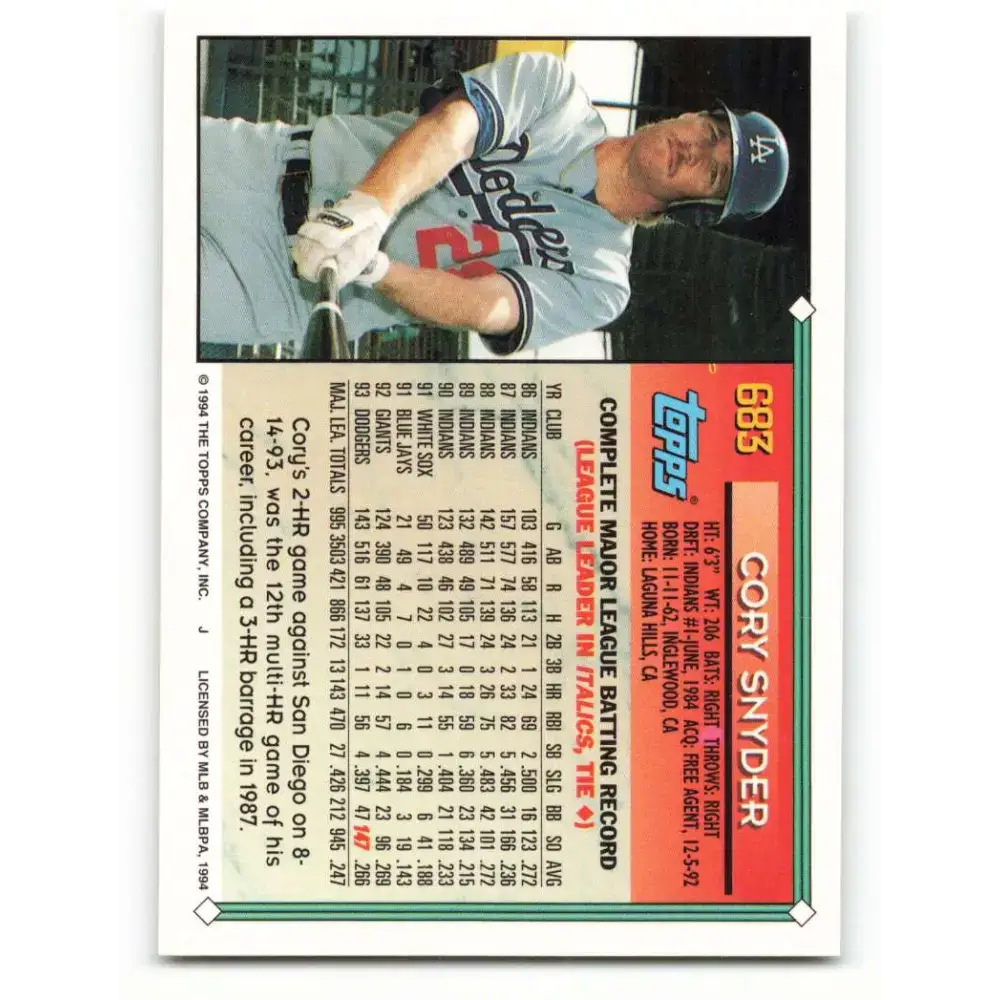 1994 Topps #683 Cory Snyder EX Excellent Los Angeles Dodgers Baseball Card - Baseball Card Single