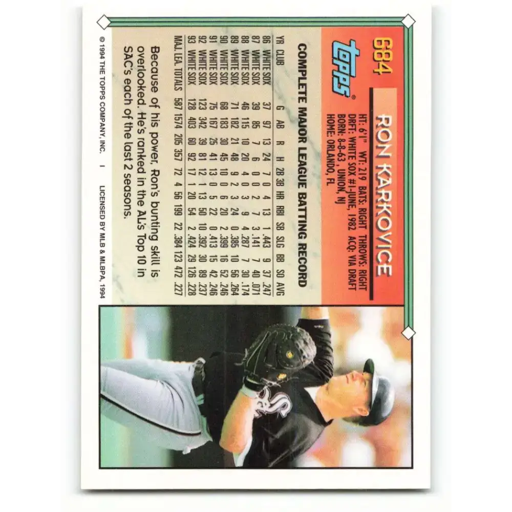 1994 Topps #684 Ron Karkovice EX Excellent Chicago White Sox Baseball Card - Baseball Card Single