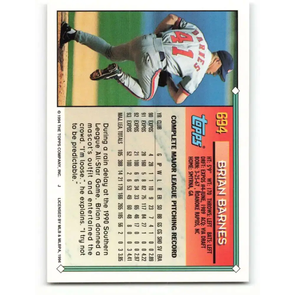 1994 Topps #694 Brian Barnes EX Excellent Montreal Expos Baseball Card - Baseball Card Single