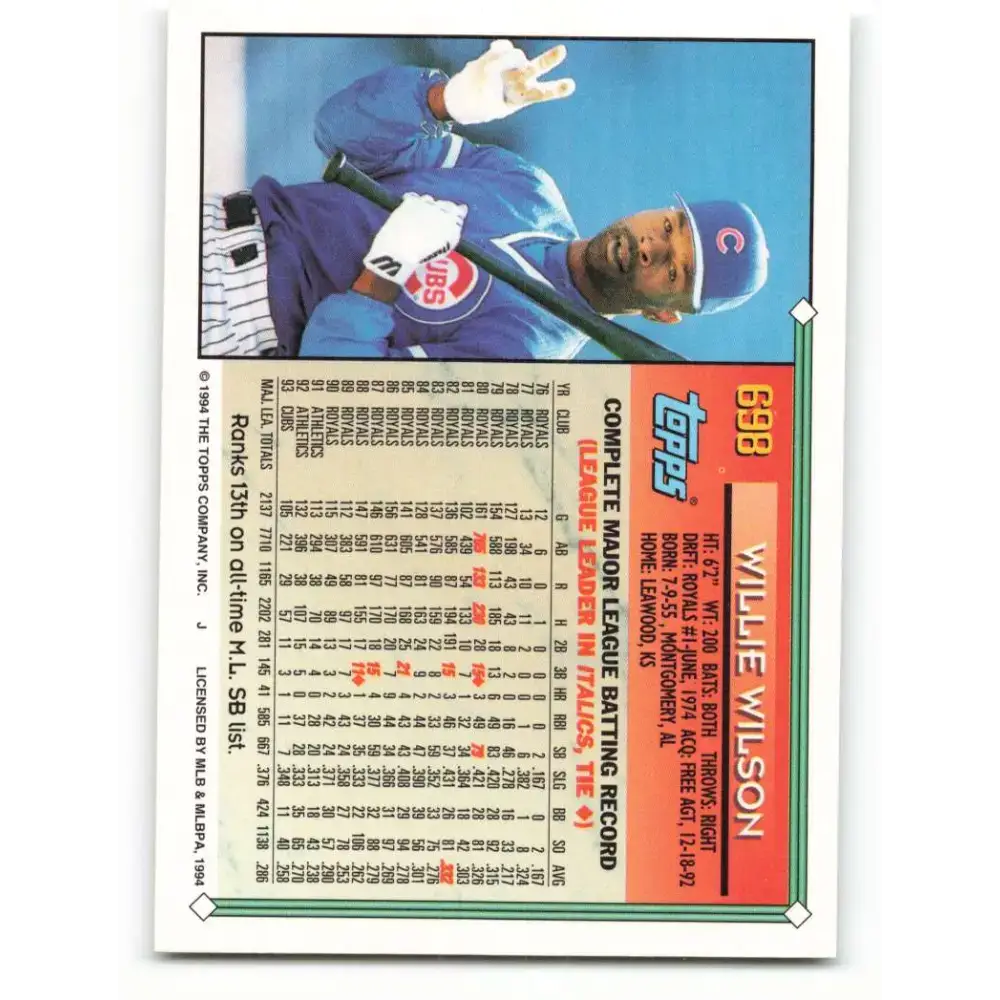 1994 Topps #698 Willie Wilson EX Excellent Chicago Cubs Baseball Card - Baseball Card Single