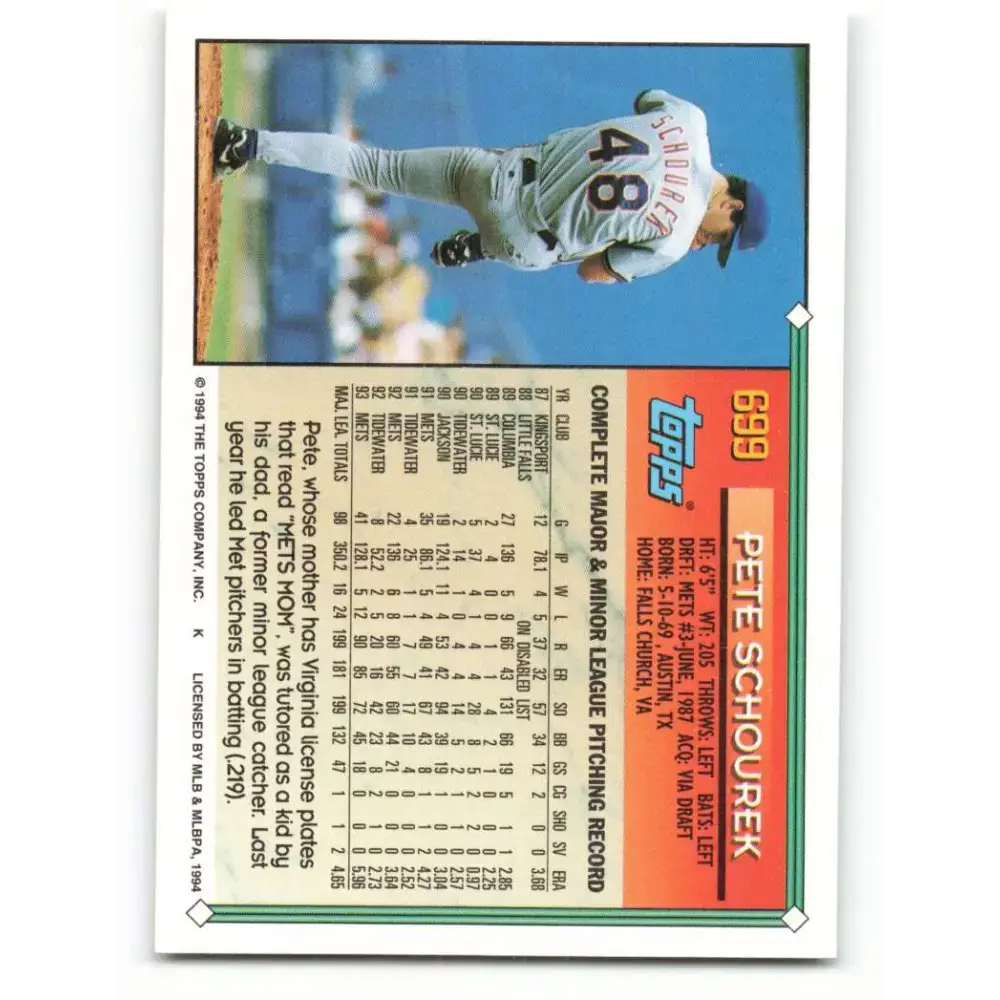 1994 Topps #699 Pete Schourek EX Excellent New York Mets Baseball Card - Baseball Card Single