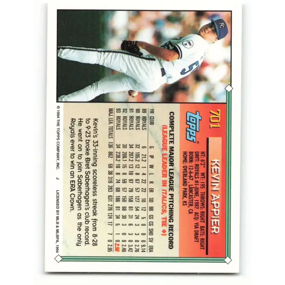 1994 Topps #701 Kevin Appier EX Excellent Kansas City Royals Baseball Card - Baseball Card Single