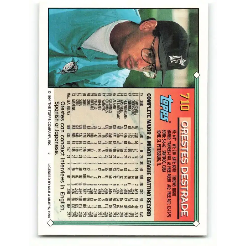 1994 Topps #710 Orestes Destrade EX Excellent Florida Marlins Baseball Card - Baseball Card Single