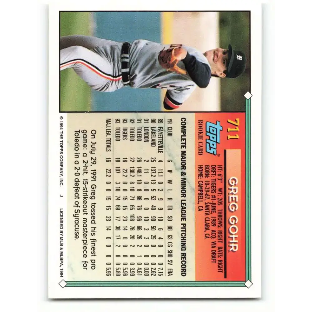 1994 Topps #711 Greg Gohr EX Excellent Detroit Tigers Baseball Card - Baseball Card Single