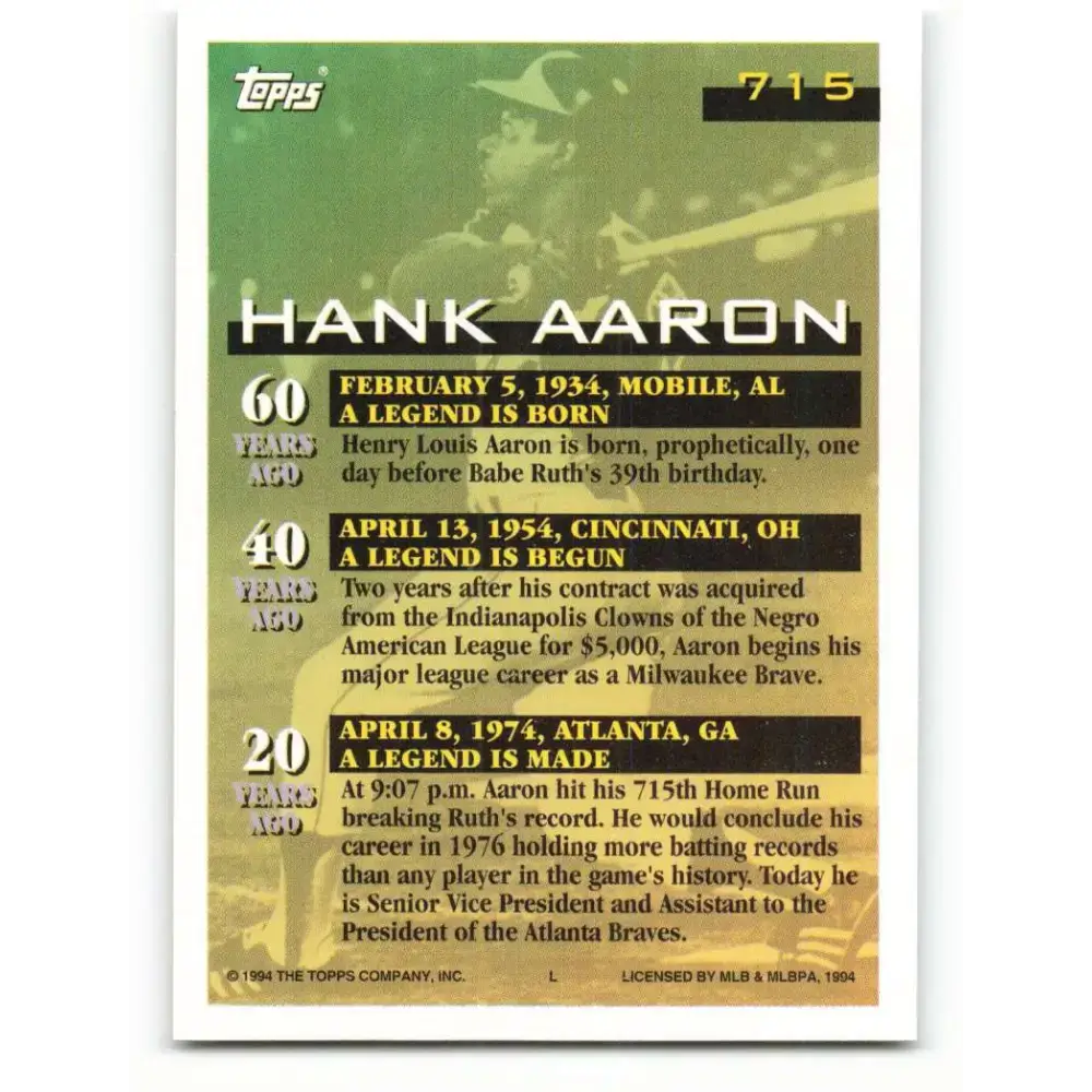 1994 Topps #715 Hank Aaron EX Excellent Atlanta Braves Baseball Card - Baseball Card Single