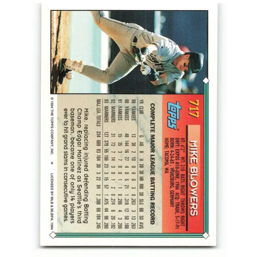 1994 Topps #717 Mike Blowers EX Excellent Seattle Mariners Baseball Card - Baseball Card Single