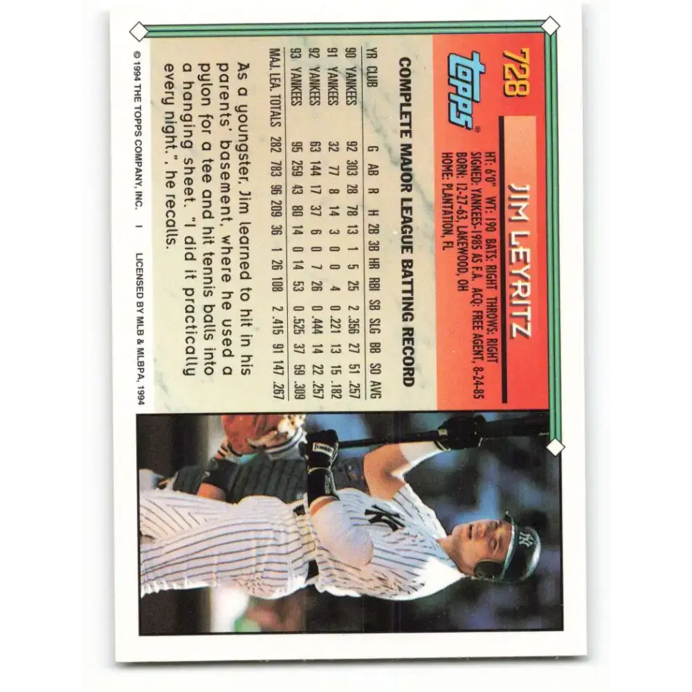 1994 Topps #728 Jim Leyritz EX Excellent New York Yankees Baseball Card - Baseball Card Single