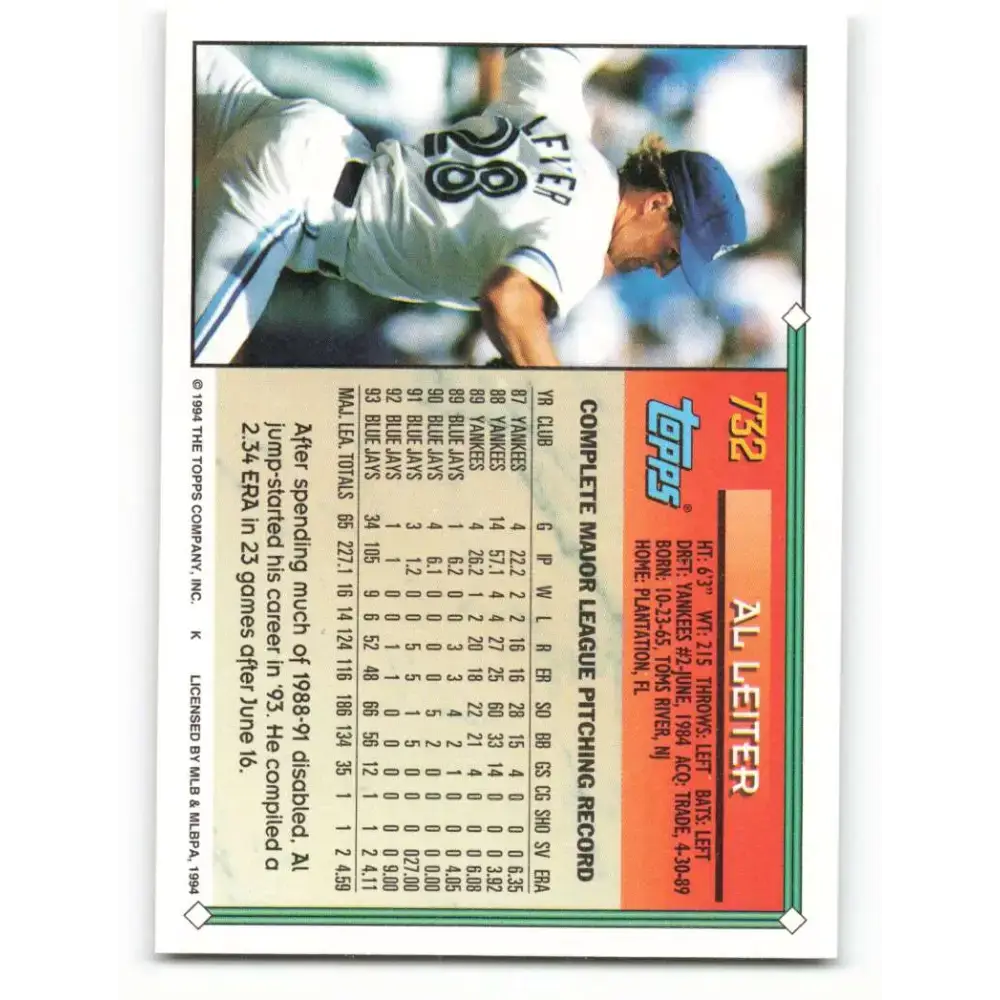 1994 Topps #732 Al Leiter EX Excellent Toronto Blue Jays Baseball Card - Baseball Card Single