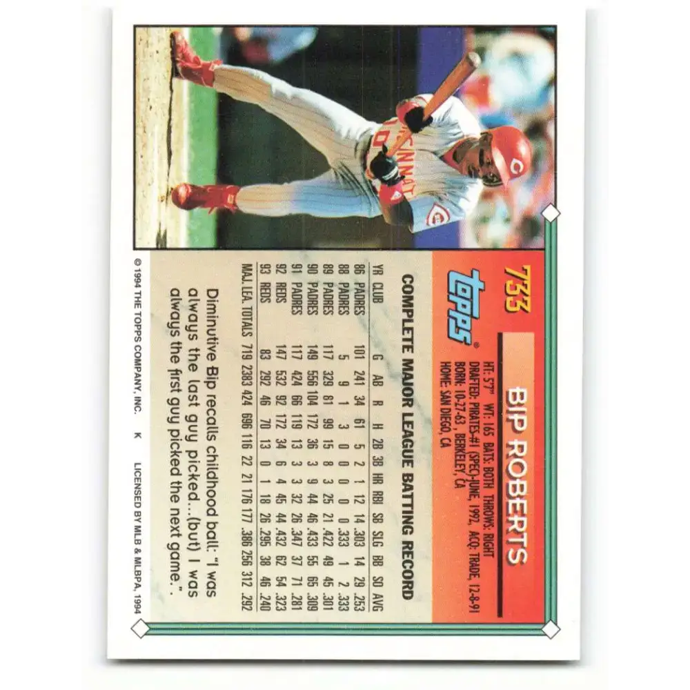 1994 Topps #733 Bip Roberts EX Excellent Cincinnati Reds Baseball Card - Baseball Card Single