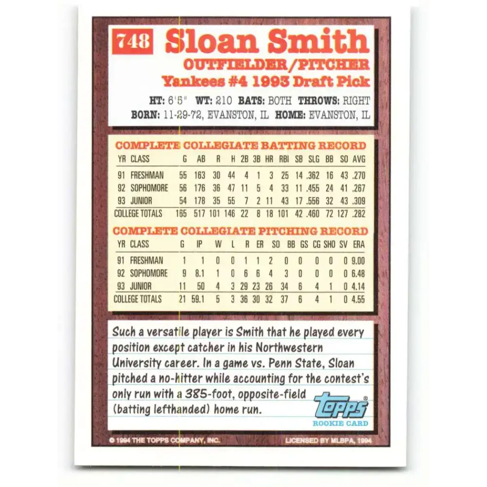 1994 Topps #748 Sloan Smith EX Excellent RC Rookie New York Yankees Baseball Card - Baseball Card Single