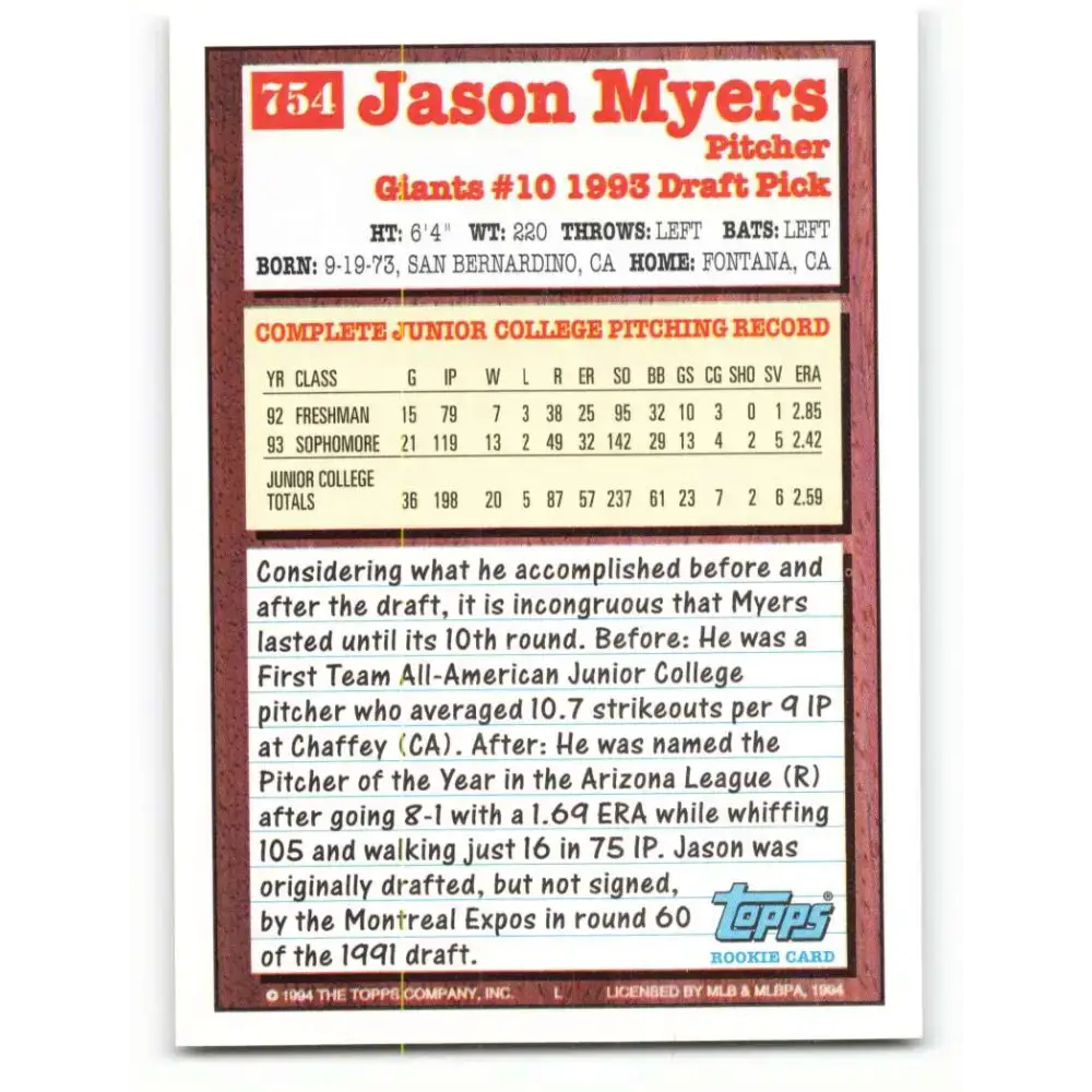 1994 Topps #754 Jason Myers EX Excellent RC Rookie San Francisco Giants Baseball Card - Baseball Card Single
