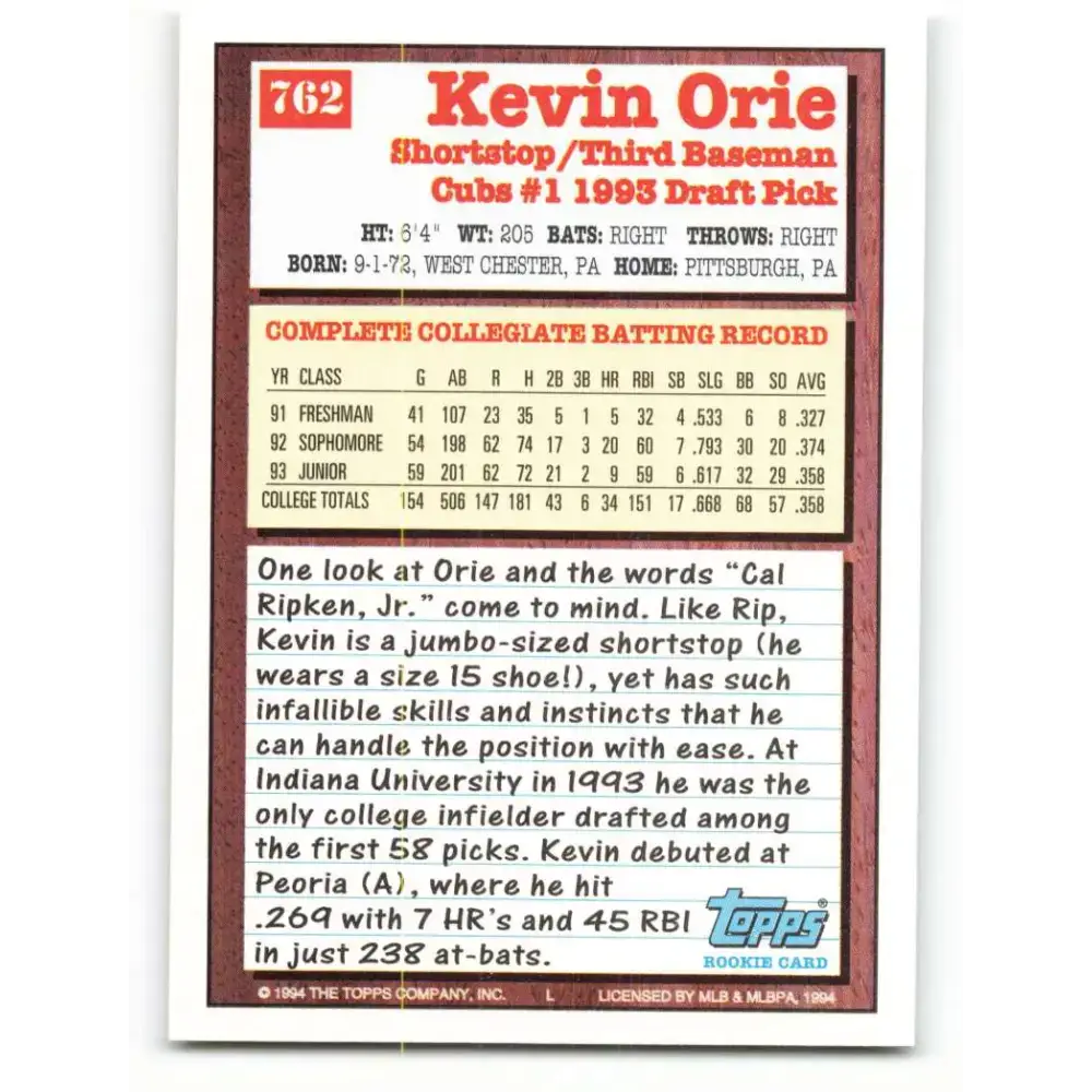 1994 Topps #762 Kevin Orie EX Excellent RC Rookie Chicago Cubs Baseball Card - Baseball Card Single