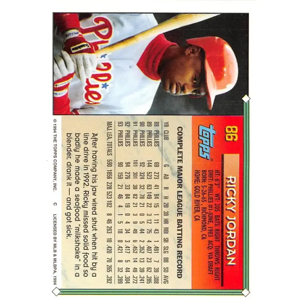 1994 Topps #86 Ricky Jordan EX Excellent Philadelphia Phillies Baseball Card - Baseball Card Single