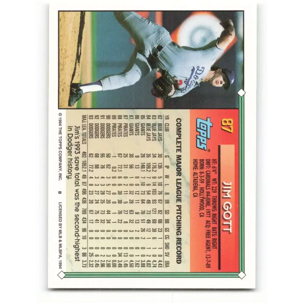 1994 Topps #87 Jim Gott EX Excellent Los Angeles Dodgers Baseball Card - Baseball Card Single
