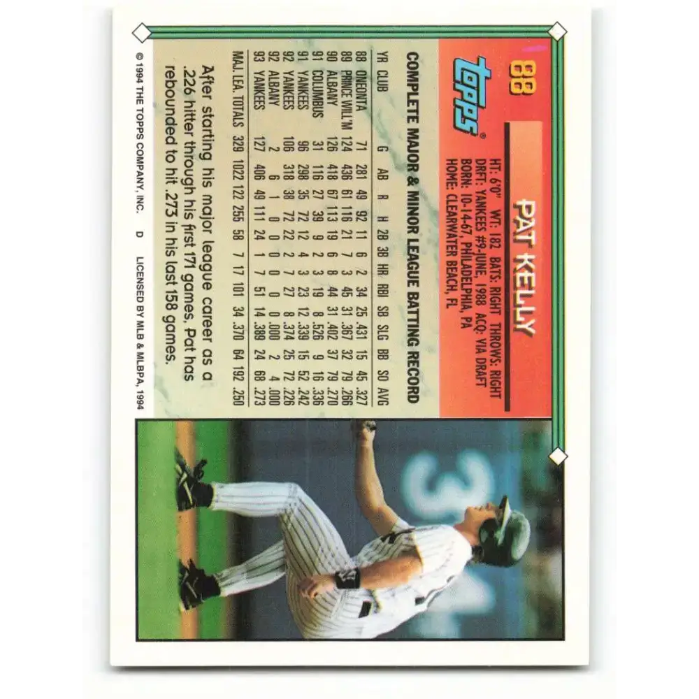 1994 Topps #88 Pat Kelly EX Excellent New York Yankees Baseball Card - Baseball Card Single