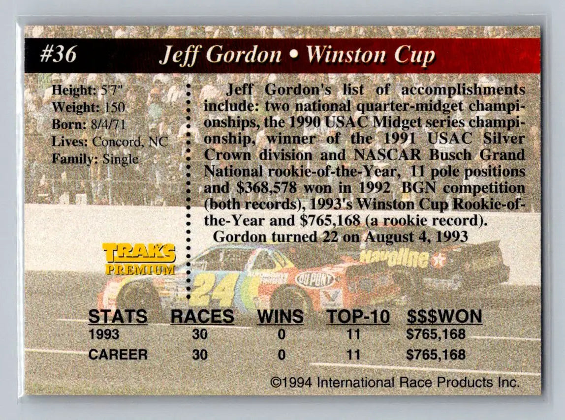 1994 Traks #36 Jeff Gordon Hendrick Motorsports - Racing Card Single