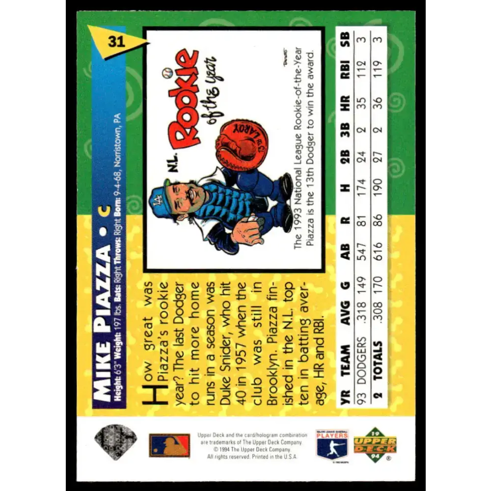 1994 Upper Deck Fun Pack #31 Mike Piazza EX/NM Los Angeles Dodgers Baseball Card - Baseball Card Single