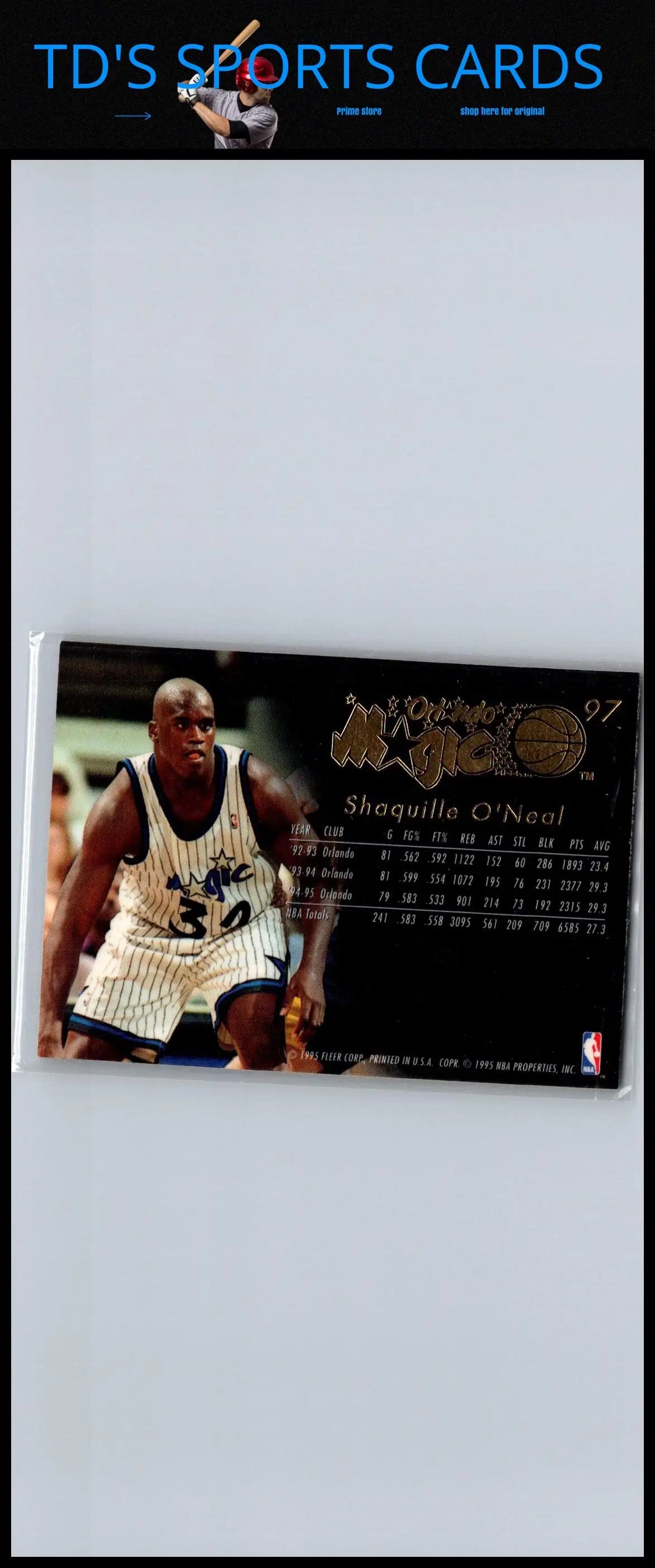 Shaquille O’Neal trading card from the 1995-96 Flair #97 set