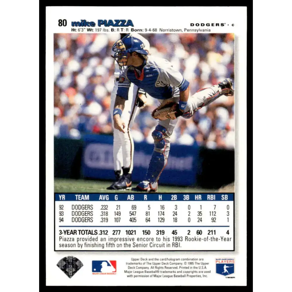 1995 Collector’s Choice #80 Mike Piazza EX/NM Los Angeles Dodgers Baseball Card - Baseball Card Single