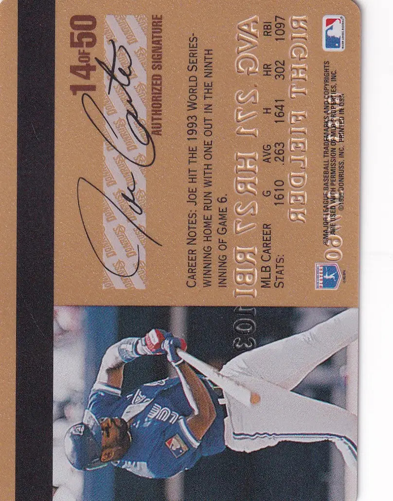 Baseball trading card of Joe Carter pitching for Toronto Blue Jays in Leaf Studio Baseball Gold