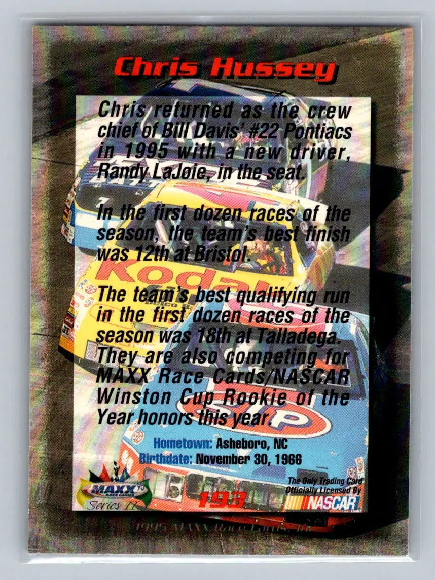 1995 Maxx #193 Chris Hussey Bill Davis Racing - Racing Card Single