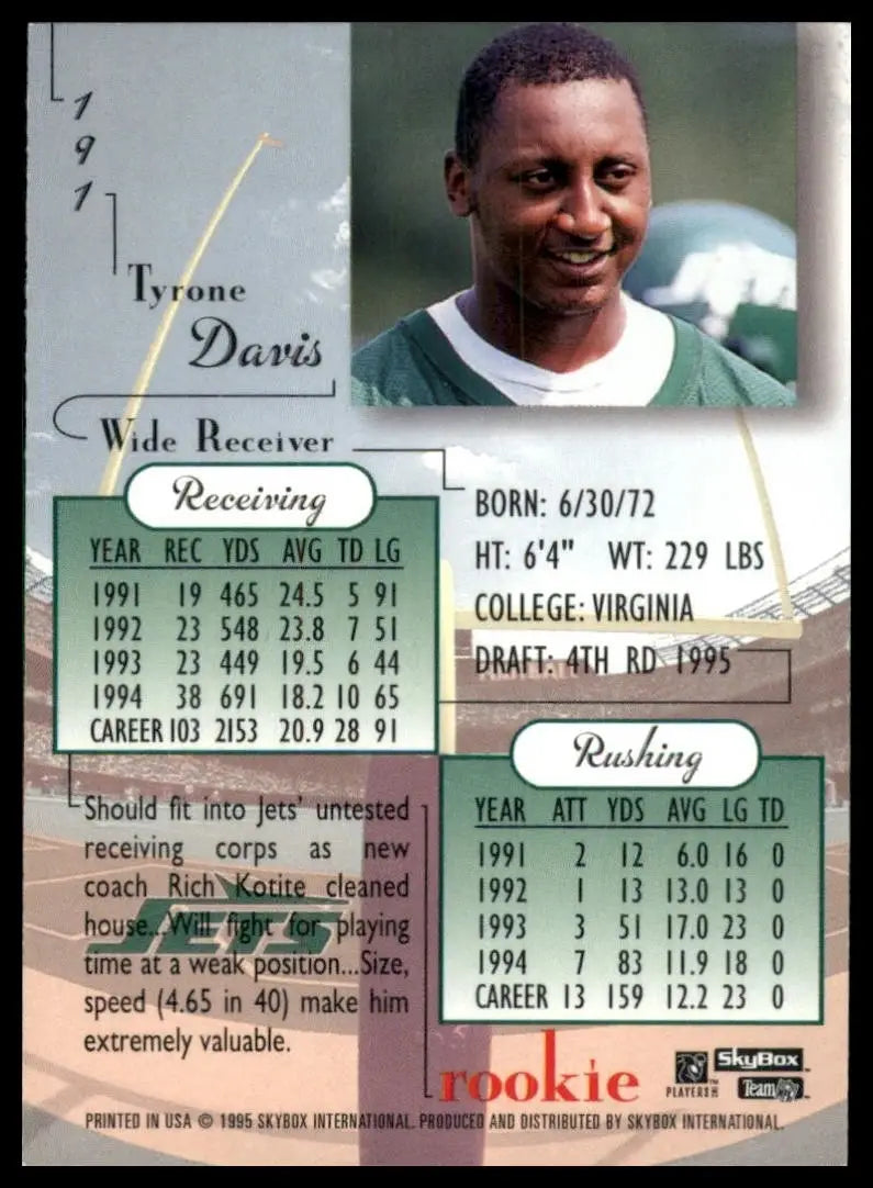 1995 Skybox Premium Rookie Tyrone Davis #191 New York Jets Football Card NFL Spo - Football Card Single