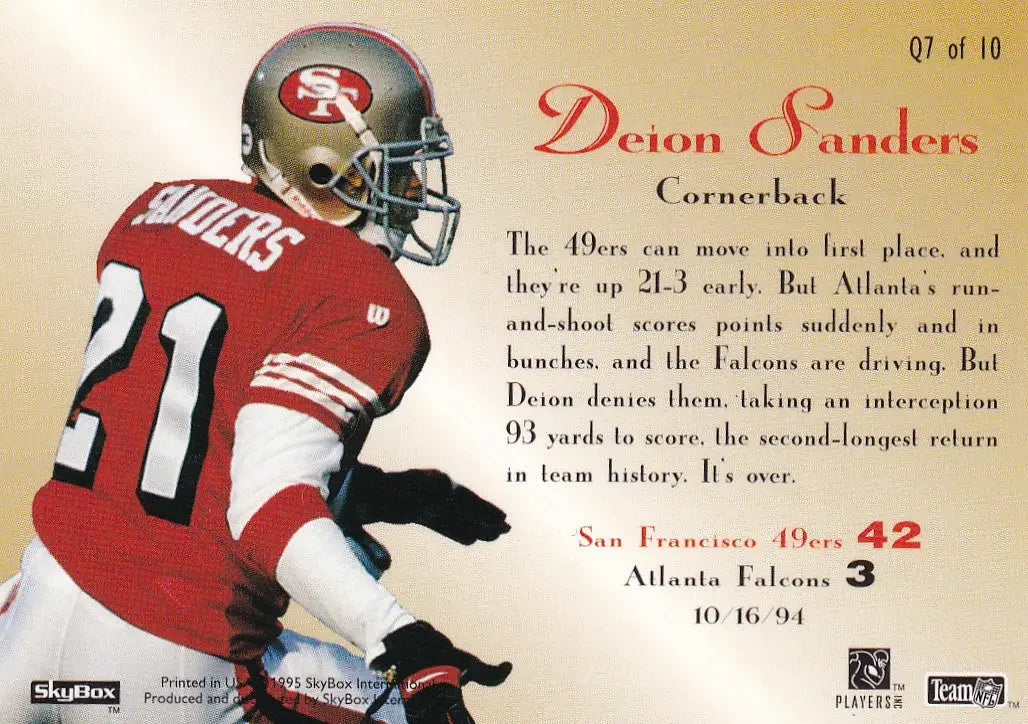 1995 SKYBOX #Q7 DEION SANDERS QUICKSTRIKE- SAN FRANCISCO 49ERS - Football Card Single